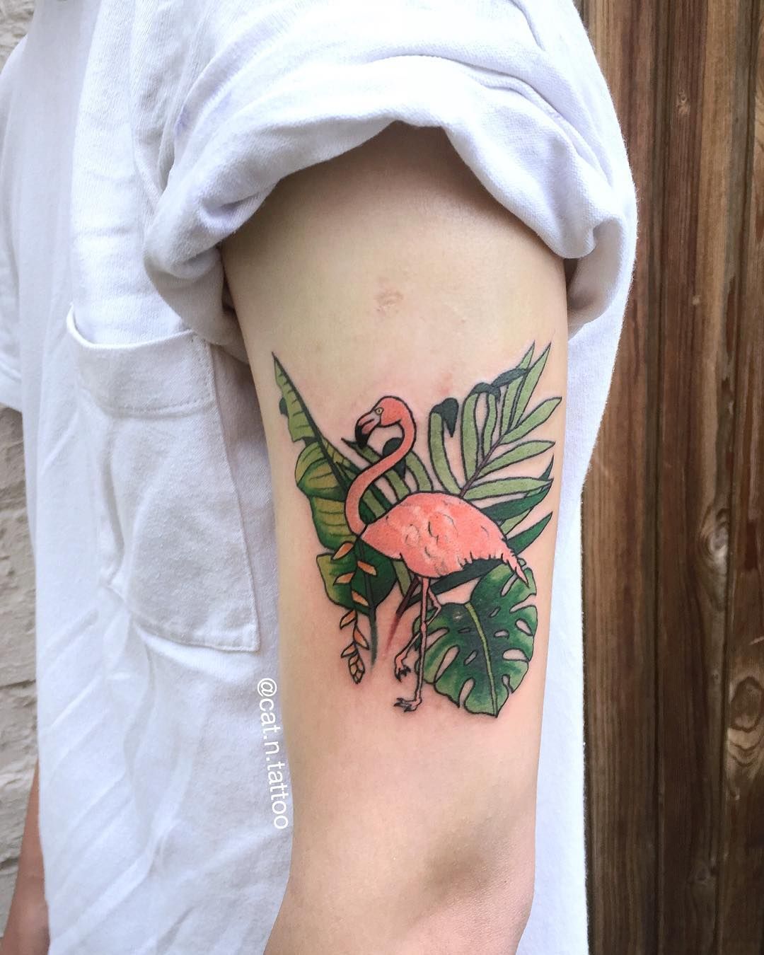 Flamingo with Leafs Tattoo