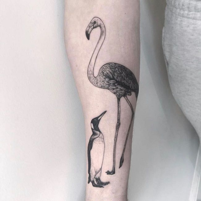 Penguin with Flamingo Tattoo