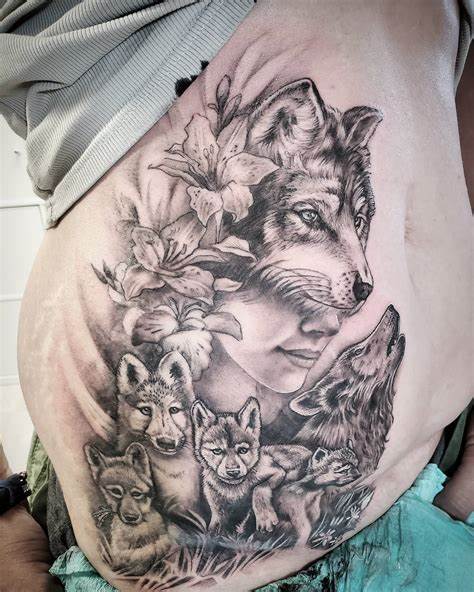 Tattoo of a Woman with a Wolf Head