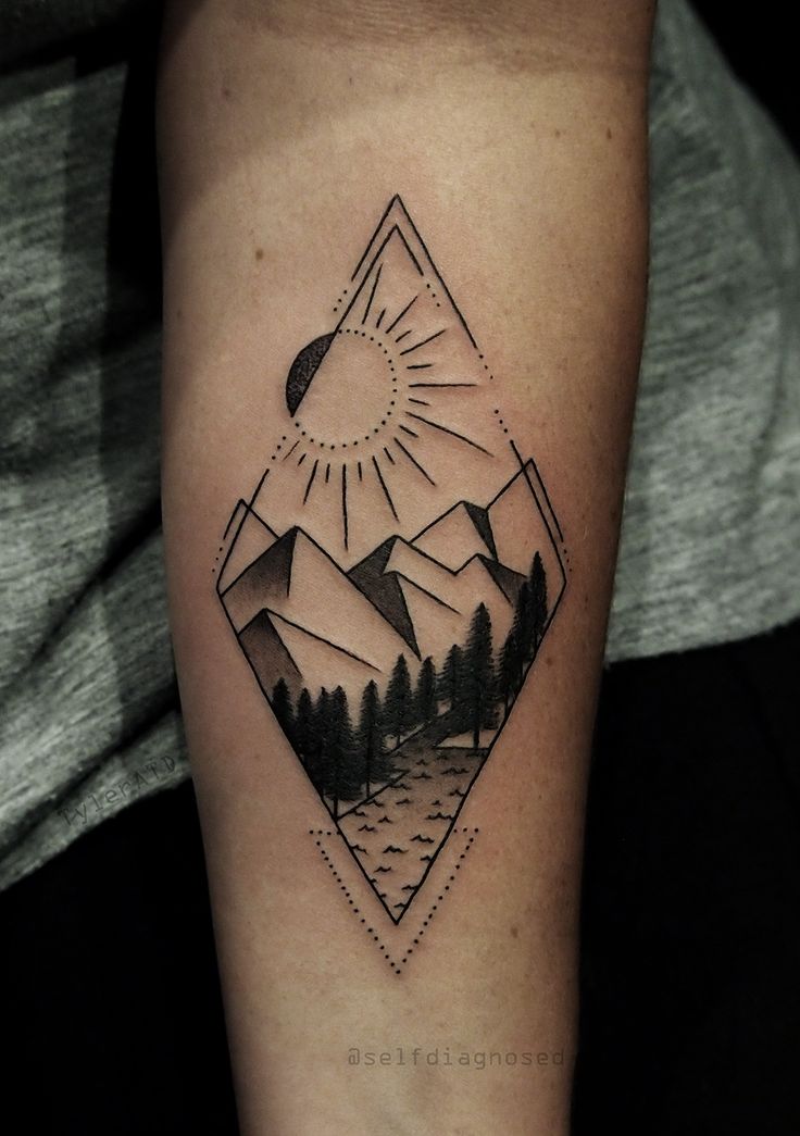 Tattoo with mountains and the sun
