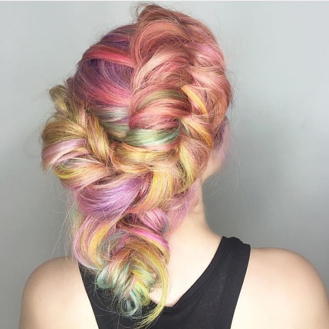Multicolored Fishtail Braid with a Bun with Twists
