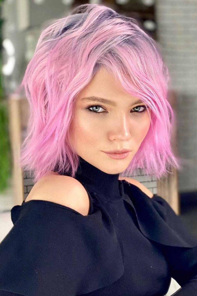 Bubblegum Pink-colored Layers with Crossed Bangs