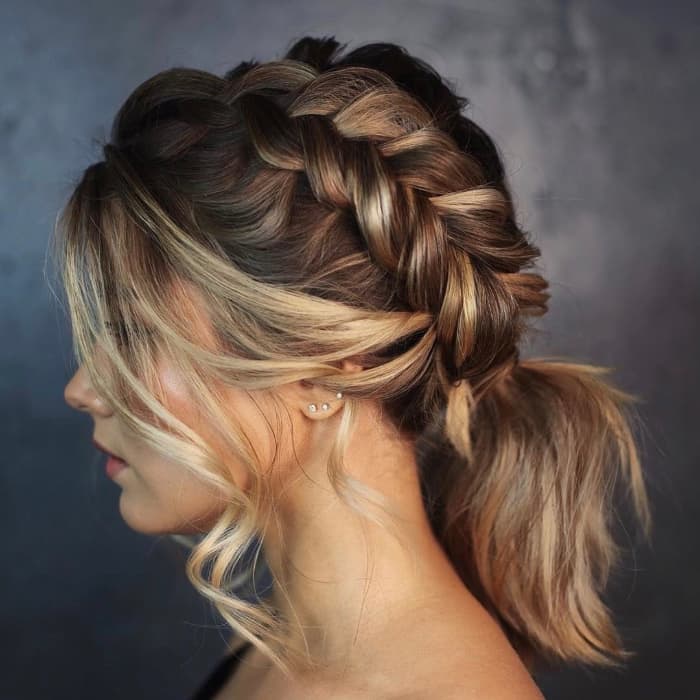 Side-braid with a Layered Low-ponytail