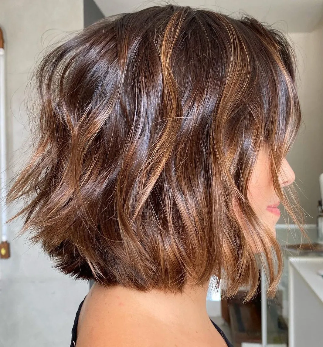 Brunette-colored Bob with Layered Lowlights