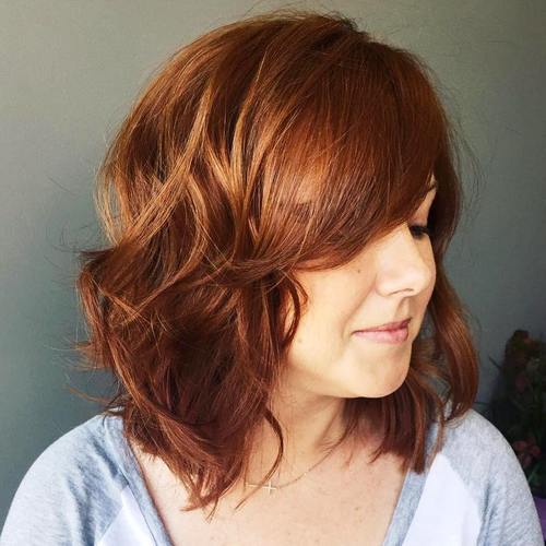 Copper Balayage Shags with Side-swept Bangs