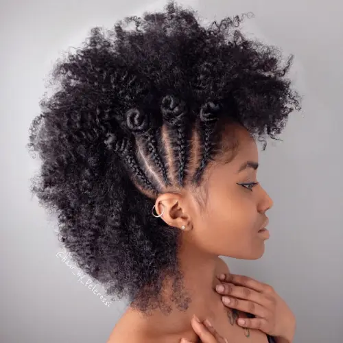 Curly Faux Hawk with Cornrows and Bantu Knots
