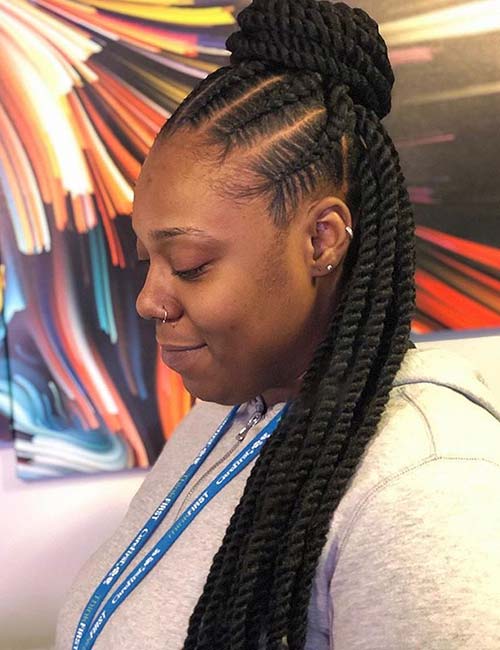 Half-up Marley Twists with Cornrows and a Top Knot