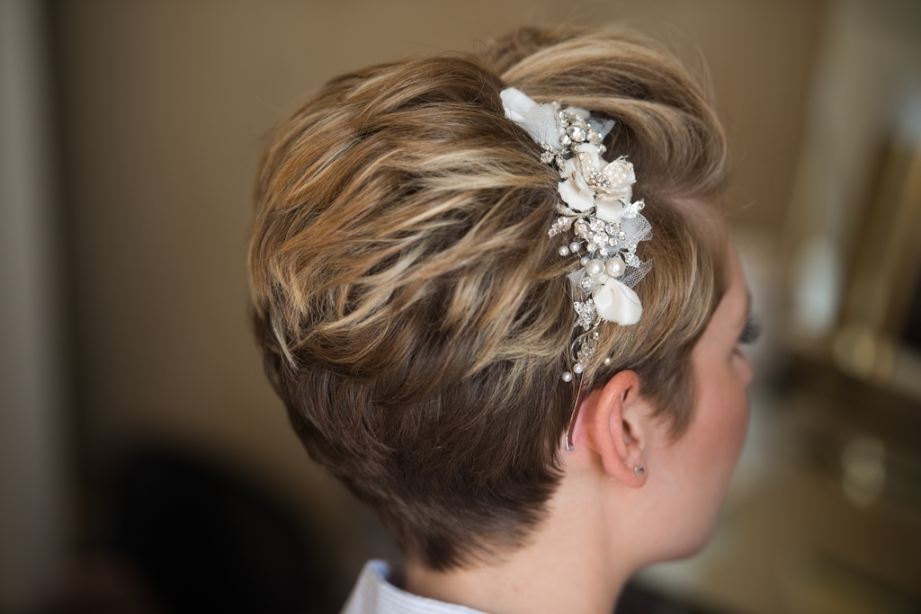 Stacked Pixie-cut with a Floral Barrette for Wedding