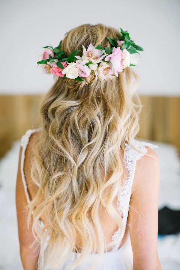 Loose beachy waves with a flower crown