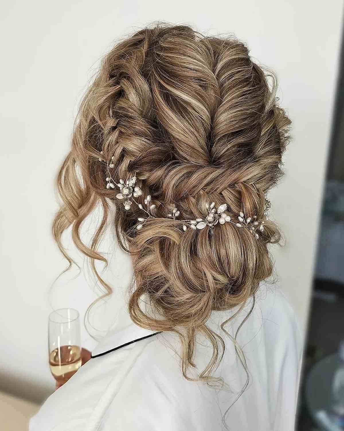 Low braided updo with flower accents