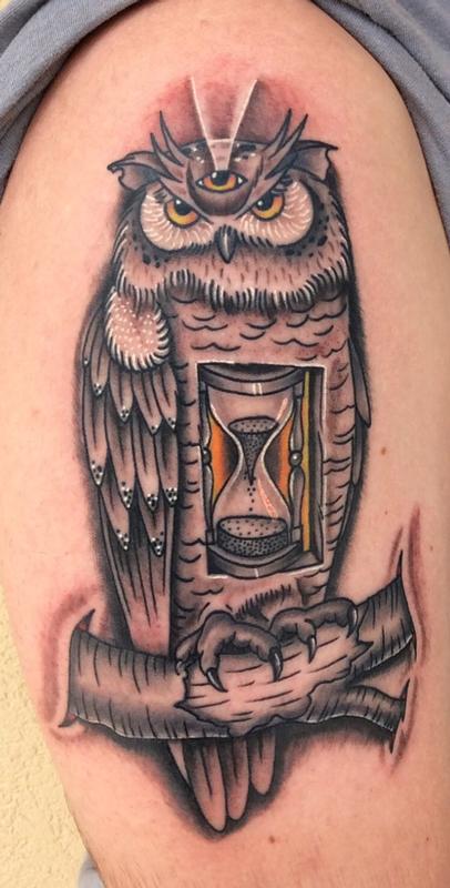 Hourglass Owl tattoo
