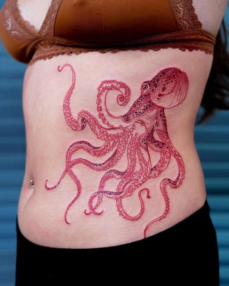 30 Octopus Tattoo Ideas As A Part of Pop-culture and Spirituality 27 Red Line octopus Tattoo