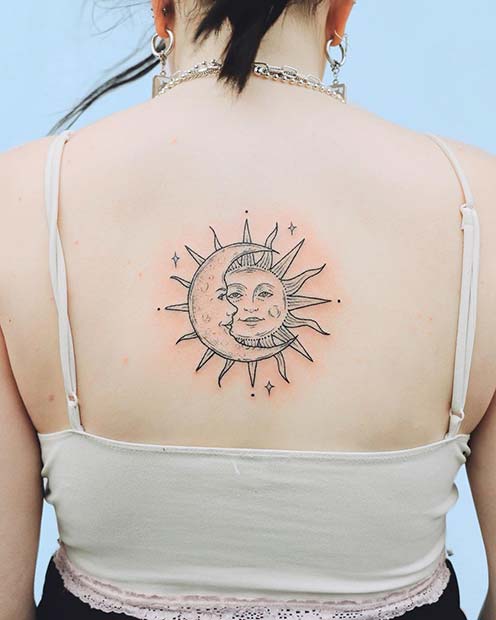 32 Sun and Moon Tattoos To Symbolize Intimacy, Balance, Spiritual Strength and More 12 Sun Moon Back Tattoo