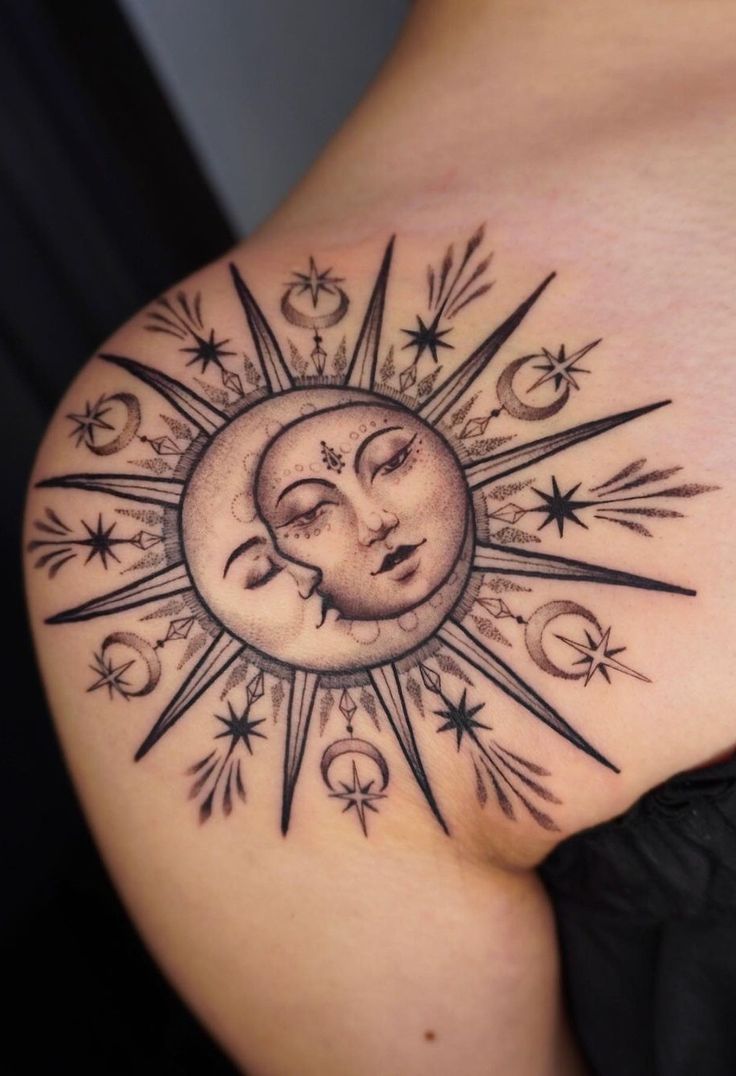 32 Sun and Moon Tattoos To Symbolize Intimacy, Balance, Spiritual Strength and More 25 Sun Moon Shoulder Tattoo