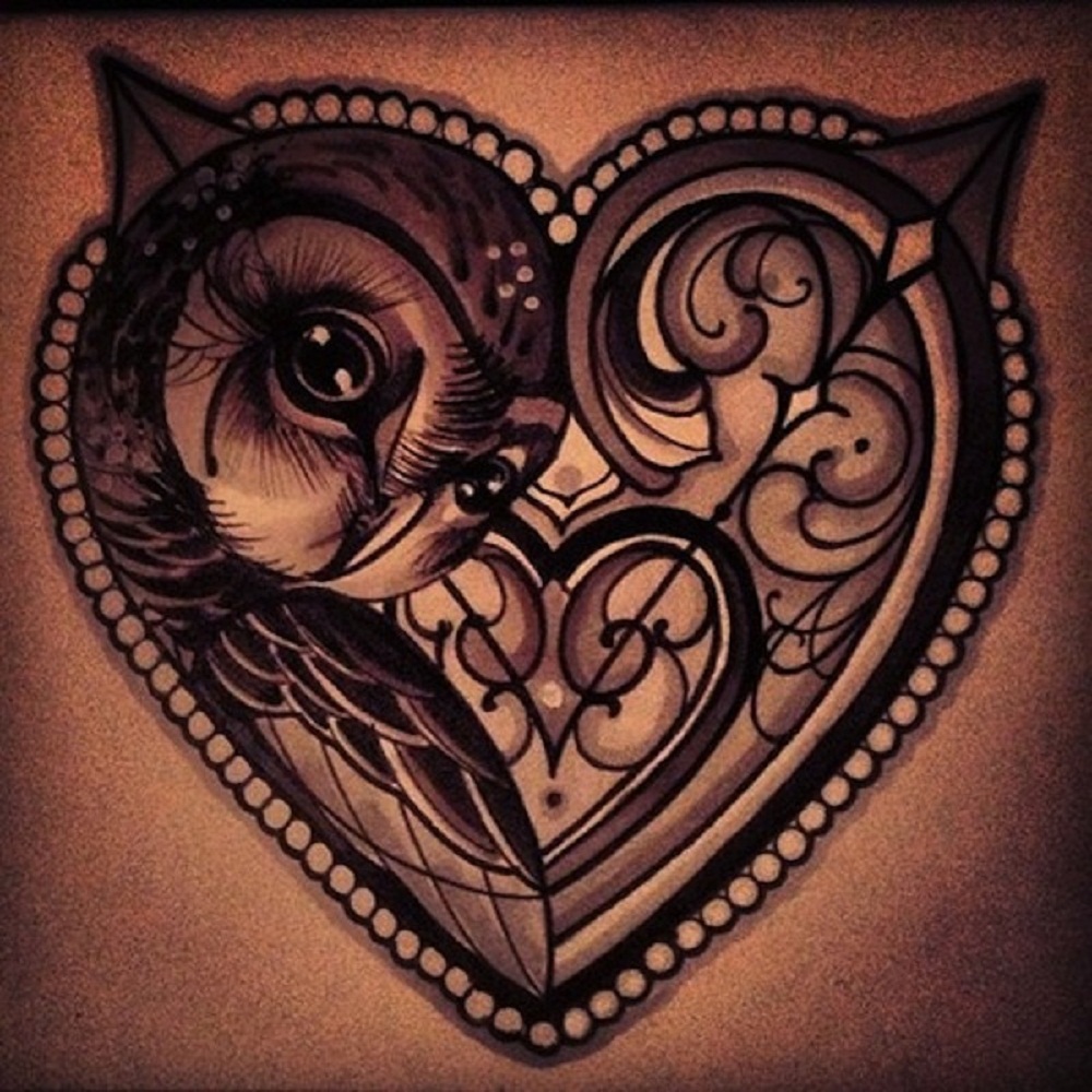 owl in heart shape tattoo